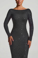 Embellished Open-Back Gown in Black